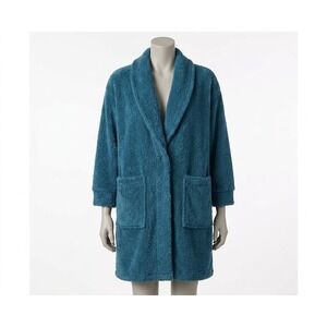 Stan Herman Teal Blue Plush Fleece Lounge Robe Shawl Collar Pockets Size L